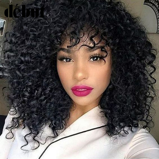 Debut Curly Human Hair Wigs With Bangs Kinky