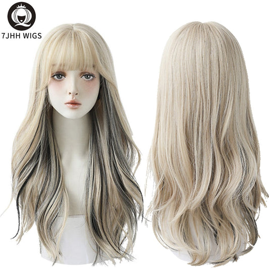 7JHH WIGS Long Wavy Curly Black Blonde Hair Highlights