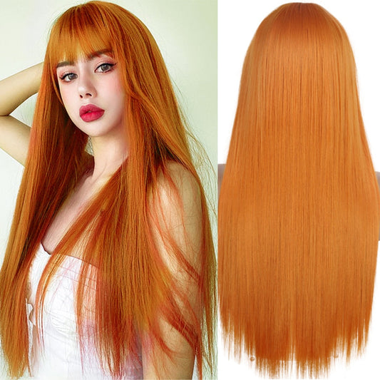 AZQUEEN Synthetic Orange Long Straight Wig With Bangs